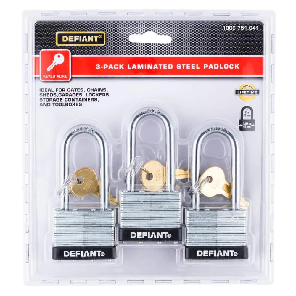 Defiant LK 40 mm Laminated Steel 2 in. Shackle Keyed Padlock (3-Pack) 8 Defiant LK 40 mm Laminated Steel 2 in. Shackle Keyed Padlock (3-Pack) - Image 6