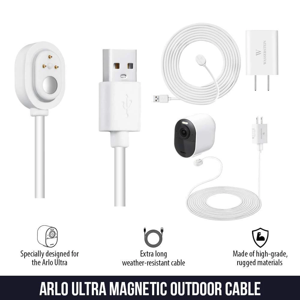 Wasserstein Arlo Ultra/Ultra 2 and Pro 3/Pro 4 Outdoor 16 ft. White Magnetic Charging Cable with Quick Charge Power Adapter (2-Pack) 4 Wasserstein Arlo Ultra/Ultra 2 and Pro 3/Pro 4 Outdoor 16 ft. White Magnetic Charging Cable with Quick Charge Power Adapter (2-Pack) - Image 2