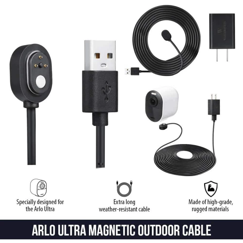 Wasserstein Arlo Ultra/Ultra 2 and Pro 3/Pro 4 Outdoor 25 ft. Magnetic Charging Cable with Quick Charge Power Adapter, Black(2-Pack) 4 Wasserstein Arlo Ultra/Ultra 2 and Pro 3/Pro 4 Outdoor 25 ft. Magnetic Charging Cable with Quick Charge Power Adapter, Black(2-Pack) - Image 2